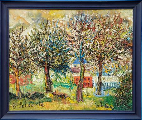 Ontluikende appelbloesem (1977) by Etienne Le Compte: vibrant spring landscape with blossoming trees in heavy impasto