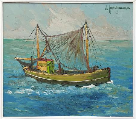 Schilderij, bootje op paneel van Leo Jordaens kopen
