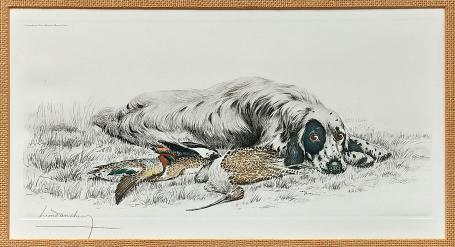 Léon Danchin met een ets van Engelse setter