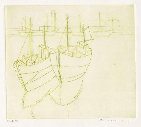 Een kleine ets van Léon Smets, boten in de haven