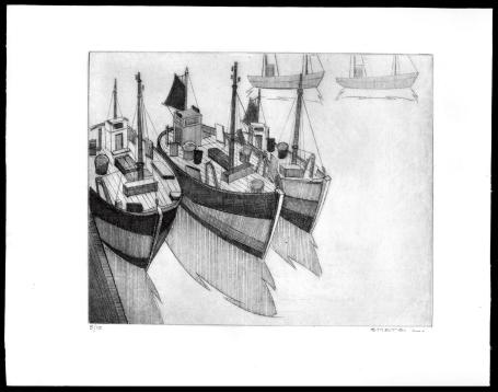 Vissersboten geëtst door Mechelse kunstenaar Léon Smets