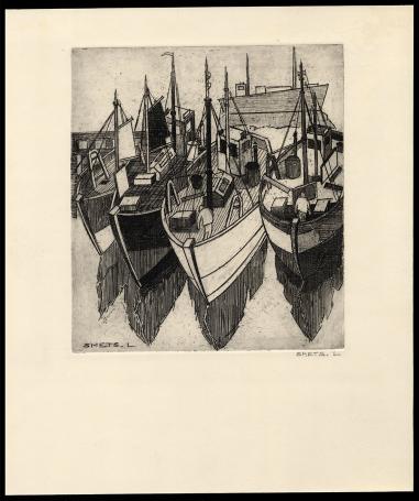 Vissersboten met vissers van de Belgische kunstenaar Léon Smets