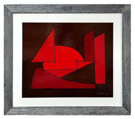 Abstract schilderij, het zeilwezen, Léon Smets, rood geometrisch werk op donkere achtergrond, verf op karton.