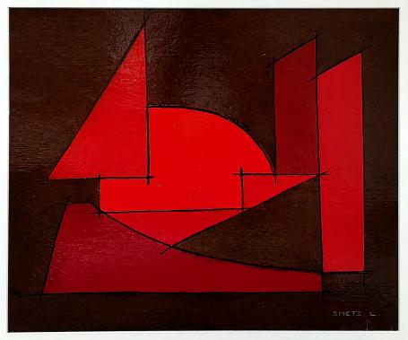 Abstract painting, Het zeilwezen, Léon Smets, red geometric forms on dark background, paint on cardboard.