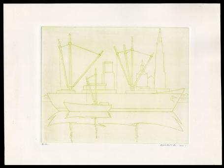 Schepen in Antwerpen geëtst door Mechelse kunstenaar Léon Smets