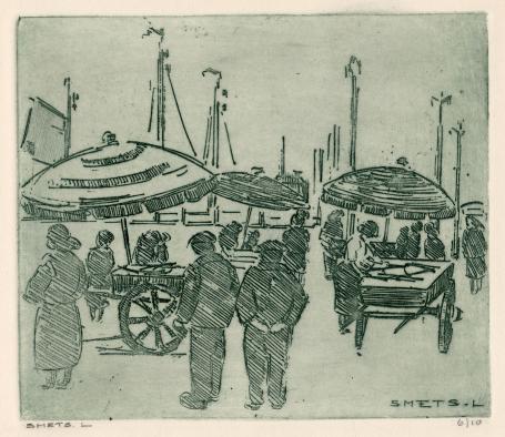 Een ets van Léon Smets, mensen op de vissersmarkt