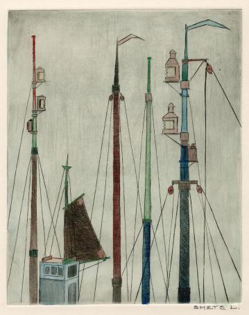Grafisch kunstwerk van L. Smets, met aquarel opgehoogd