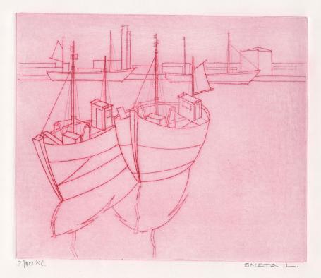 Een kleine ets van Léon Smets, boten in de haven