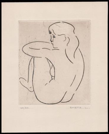 Naakte zittende vrouw op papier gedrukt