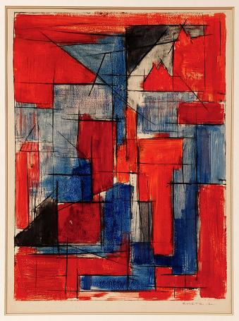 geometrische abstractie met expressieve, materiële schildertechniek
