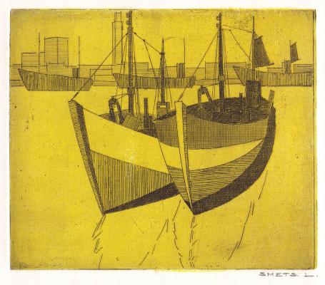 Een kleine ets van Léon Smets, boten in de haven