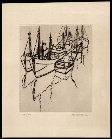 Vissersboten en vissers geëtst door Mechelse kunstenaar Léon Smets