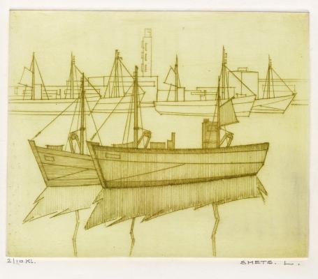 Een ets van Léon Smets, vissershaven te Oostende