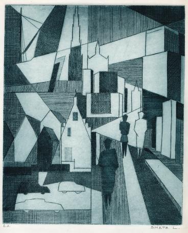 Grafisch kunstwerk van L. Smets, mensen in de stad