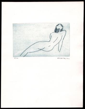 Kleine ets op papier gedrukt, naakte vrouw