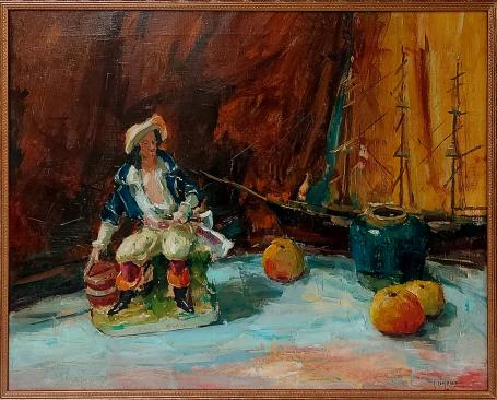 Léon Lommaert met een olieverfschilderij