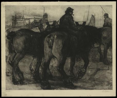 Louis Peeters met een grote ets met paarden