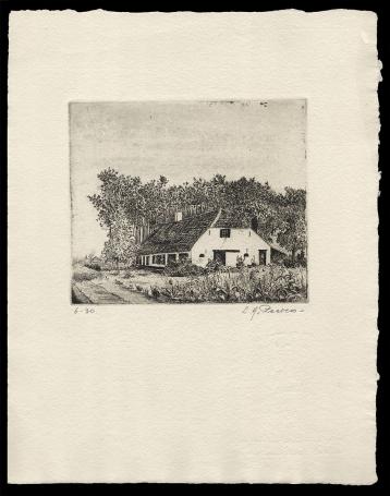 Louis Peeters met een ets van een boerderij