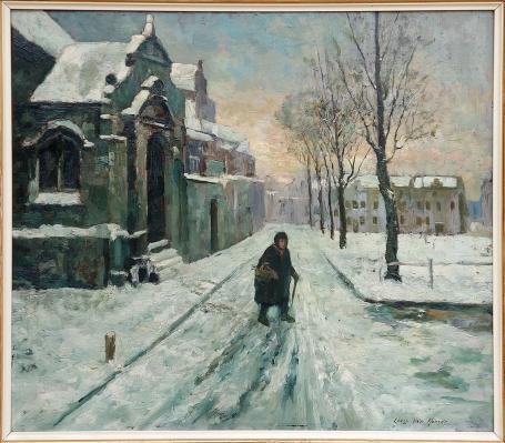 Carefully walking in the snow, Louis Van Hoorde. Winter scene with figure in the snow, oil on panel.