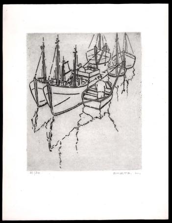 Vissersboten en vissers geëtst door Mechelse kunstenaar Léon Smets