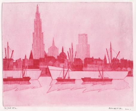 Een ets van Léon Smets, rood-roze inkt