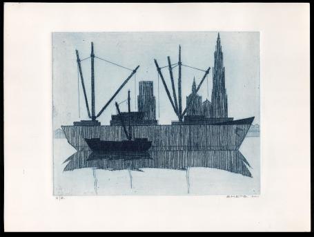 Schepen in Antwerpen geëtst door Mechelse kunstenaar Léon Smets