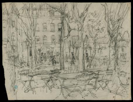 potloodtekening van een Brussels terras