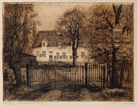 Belgische etser R. Malfliet met een ets van Kruibeke
