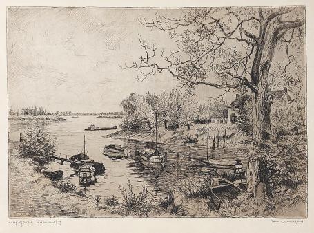 Belgische etser R. Malfliet met een ets van de Schelde