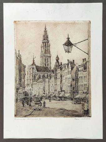 Belgische etser R. Malfliet met een ets van Antwerpen