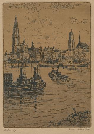 Belgische etser R. Malfliet met een Antwerpse ets