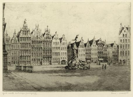 Belgische etser R. Malfliet met een ets van Antwerpen