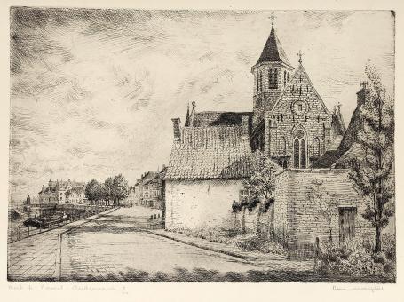 Belgische etser R. Malfliet met een ets van Pamel