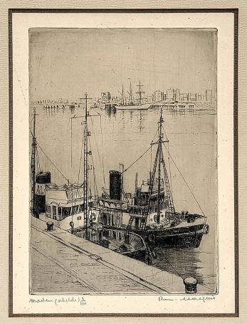 Belgische etser R. Malfliet met een ets van de Schelde