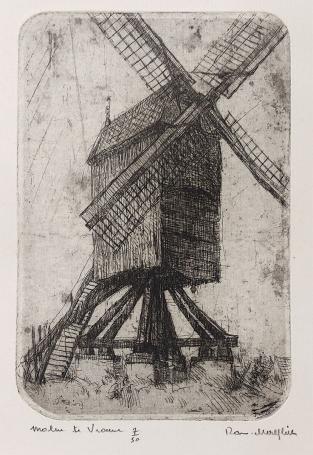 Belgische etser R. Malfliet met een klein kunstwerkje