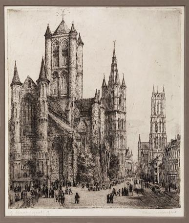 Belgische etser R. Malfliet met een Gentse ets