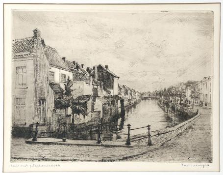 Belgische etser R. Malfliet met een ets van Dendermonde
