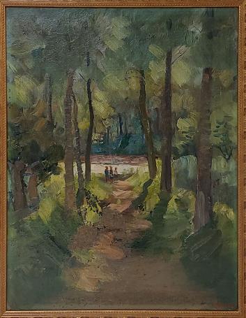 Belgische schilder R. Malfliet met een olieverfschilderij van een bos