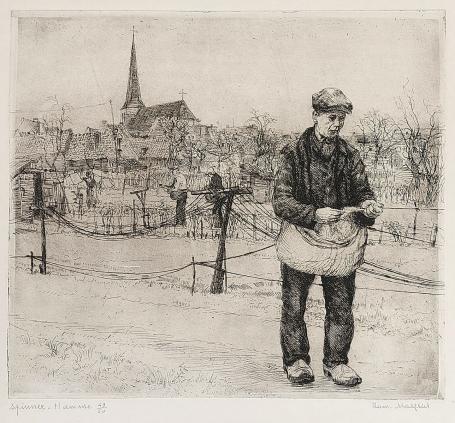 Belgische etser R. Malfliet met een ets van een ambacht