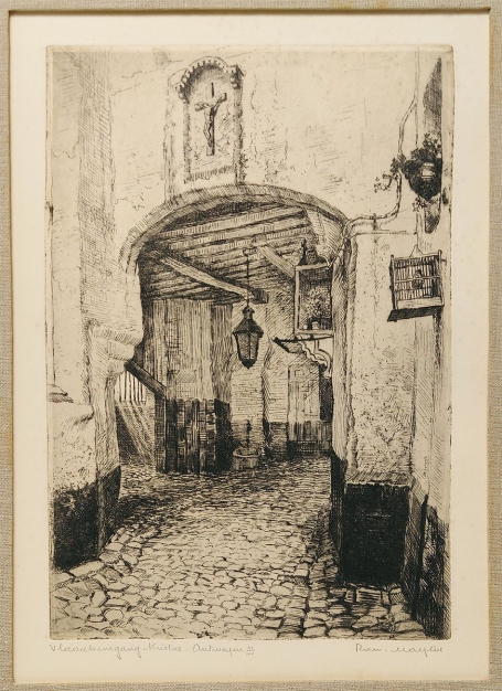 Belgische etser R. Malfliet met een ets van de Vlaaikensgang