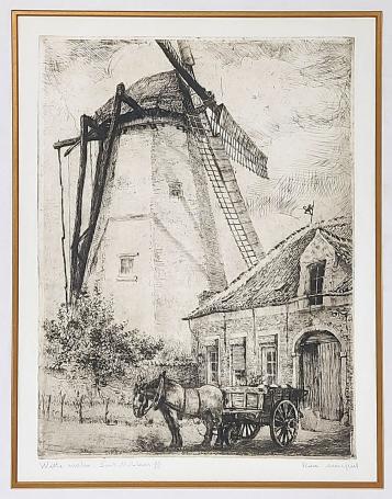 Belgische etser R. Malfliet met een ets van een molen