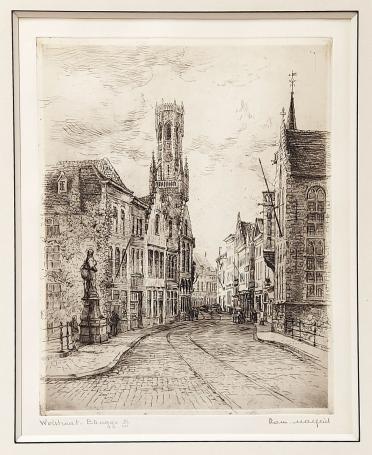 Belgische etser R. Malfliet met een ets van Brugge