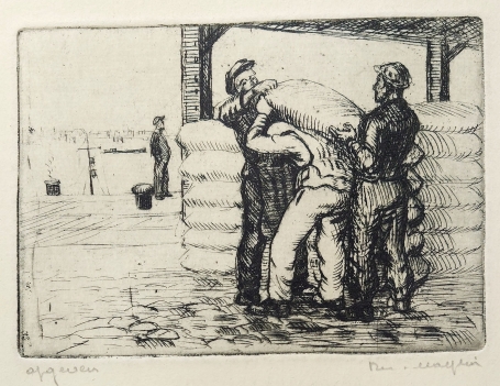 Belgische etser R. Malfliet met een ets van een tafereel aan de haven