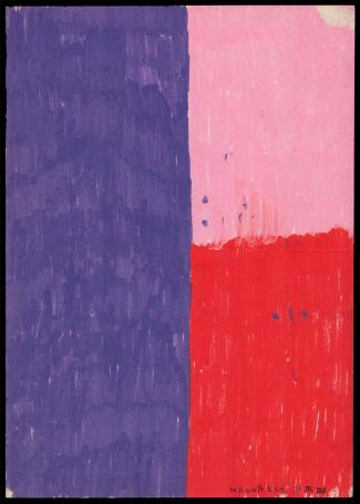 Kleuren 14 Juil 2000, Werner Mannaers, abstract werk in rood, paars en roze, gemengde techniek op papier, 2000.