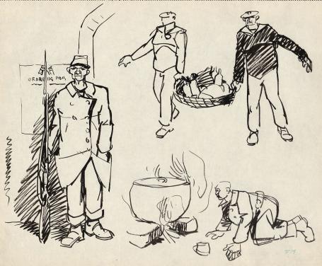 Tekening van Frans Masereel, soldaten aan het werk