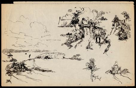 Schetsblad “Schetsen 177 (1911–1918)” van Frans Masereel met diverse penstudies en verzamelstempel.