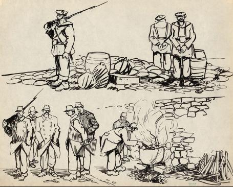 Tekeningen van Frans Masereel, soldaten aan het werk