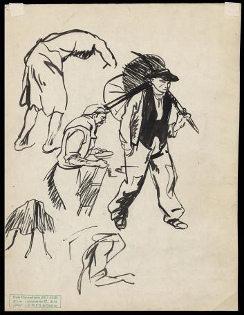 Frans Masereel – sketch of working figures with pitchfork and umbrella, verso