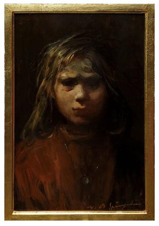 Portrait d’une jeune fille aux cheveux longs avec collier, dans des tons bruns et sombres, huile sur panneau, Marthe De Spieg