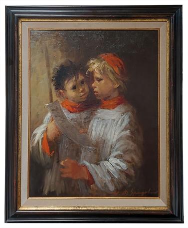 Twee koorknapen, Marthe De Spiegeleir, olie op doek, 20e eeuw, twee jongens in koorgewaden.